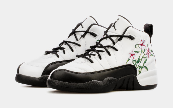 Air Jordan 12 Retro Floral Preschool Lifestyle Shoes (Black/White)