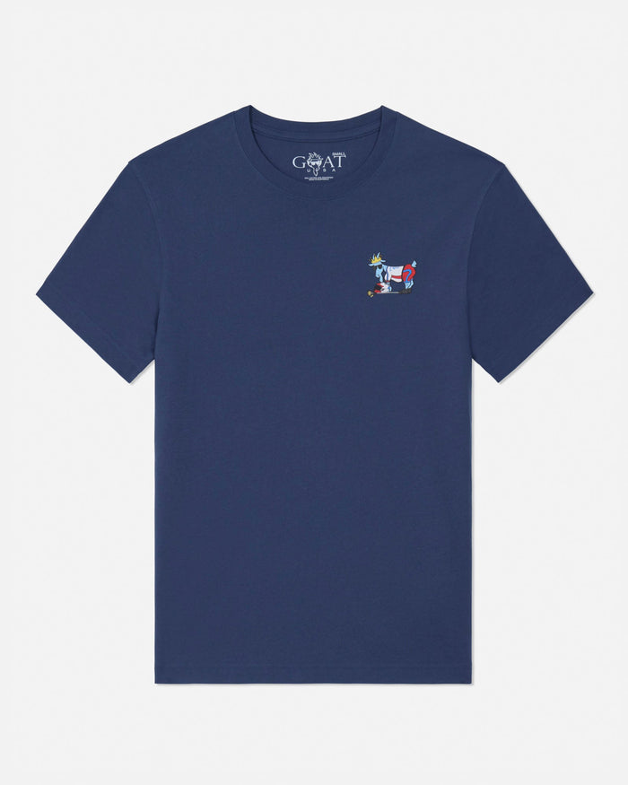 Navy blue t-shirt with a small graphic on the chest against a white background