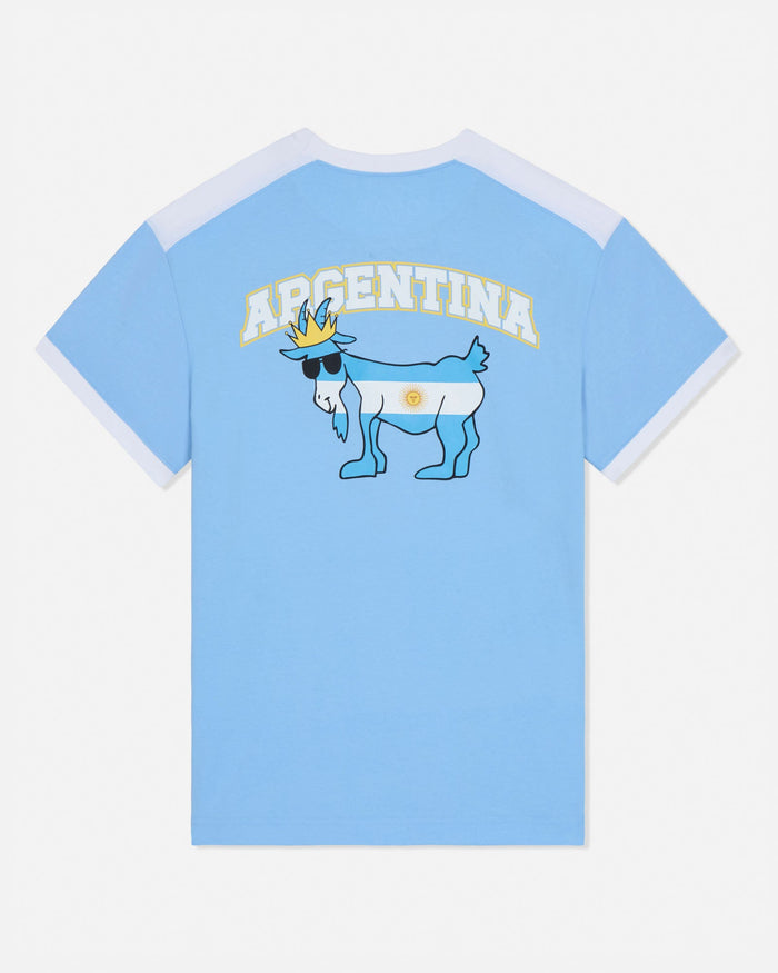 Light blue t-shirt with a graphic of a goat wearing sunglasses and a crown, and 'Argentina' text on a white background.