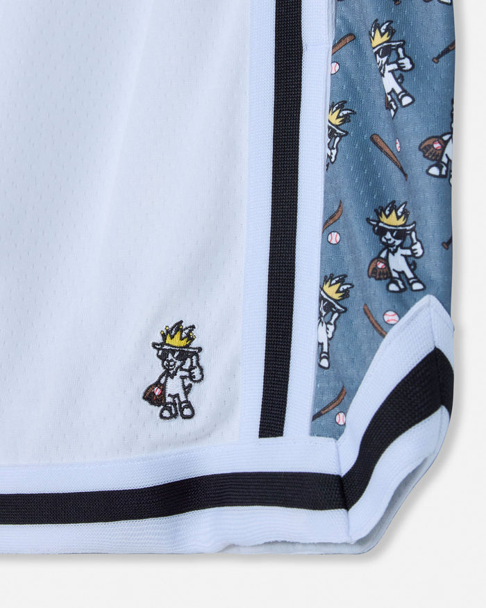 Close-up of baseball goat logo on white mesh shorts