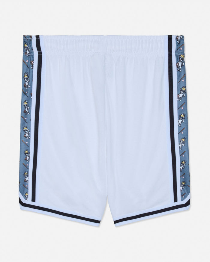 Back of white mesh shorts with baseball goat design