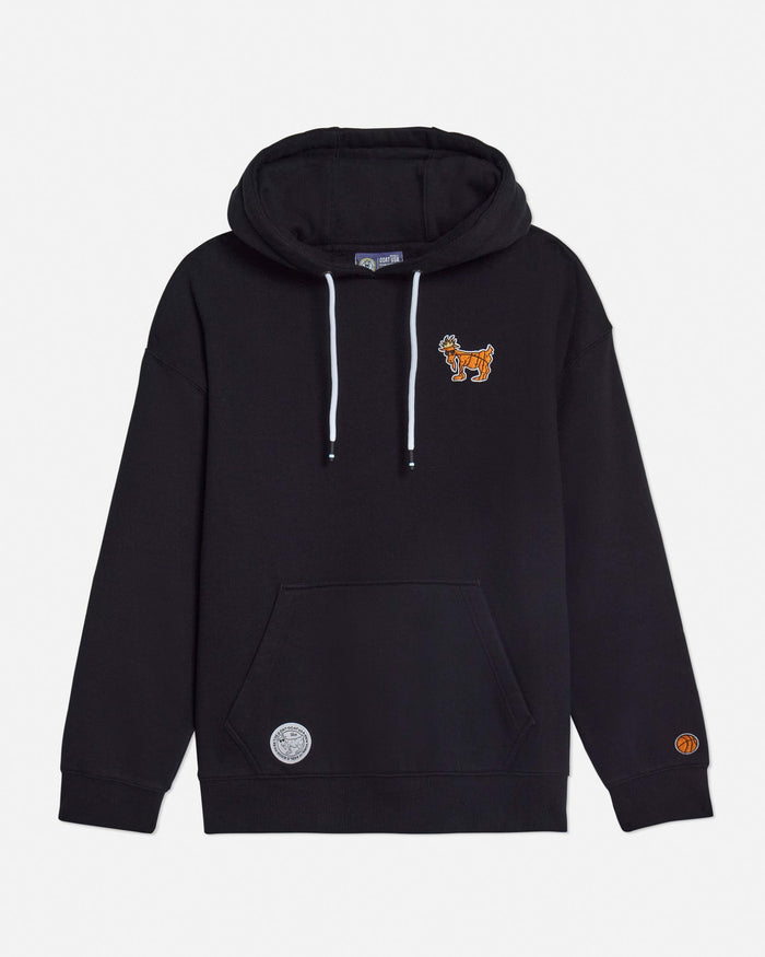 Front of black hoodie with basketball goat left-chest logo