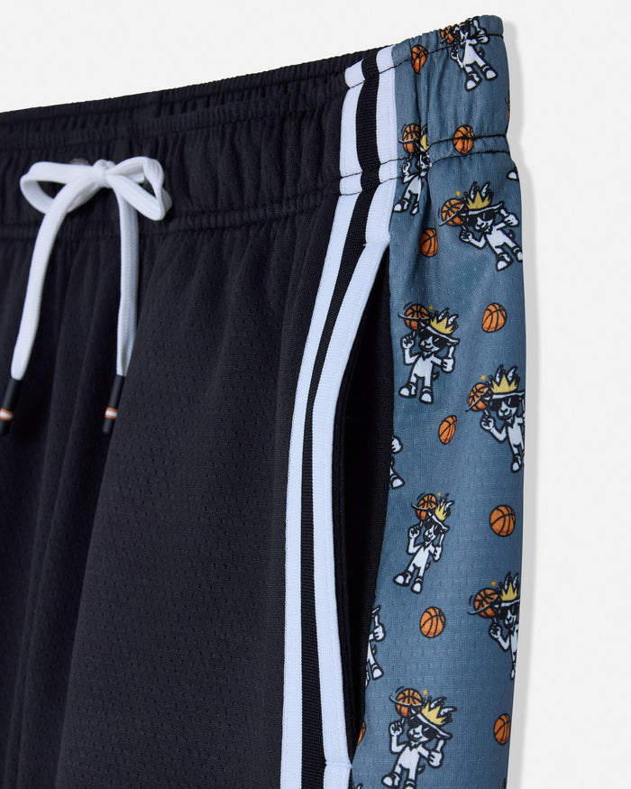 Black shorts with white drawstring and blue shorts with cartoon goat pattern on a white background