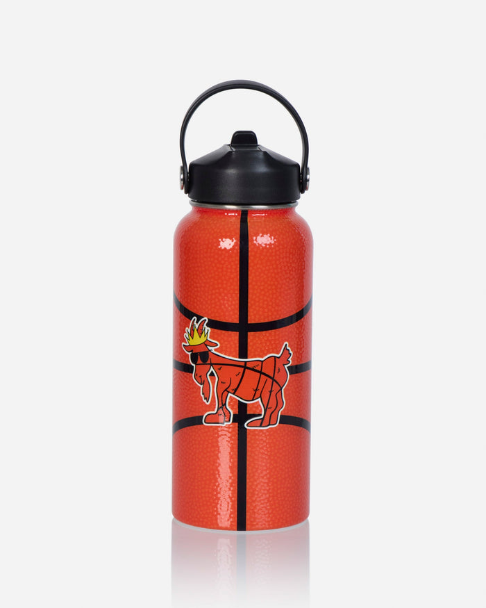 An orange water bottle designed to look like a basketball, featuring a black lid with a carrying loop and a graphic of a basketball goat.