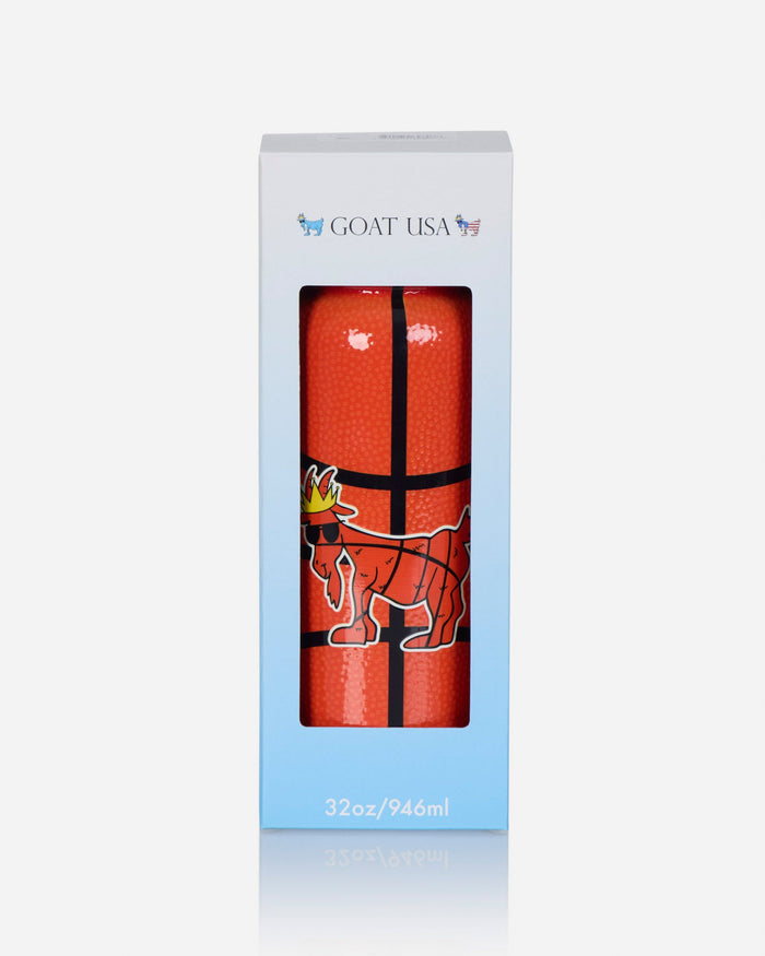 A tall white and light blue retail box with a clear window showing a rolled orange-red item with black grid lines and a white goat outline. The box is branded GOAT USA at the top and reads 32oz/946ml at the bottom.
