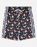 Black shorts with a colorful cartoon animal print, featuring white side stripes and a white drawstring.