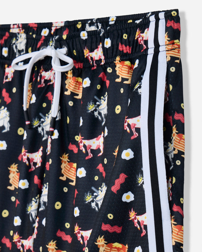 Black athletic shorts with a colorful cartoon goat print, featuring white side stripes and a white drawstring.