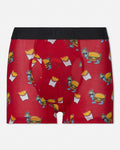 Red boxer briefs with burger and fries pattern on a white background