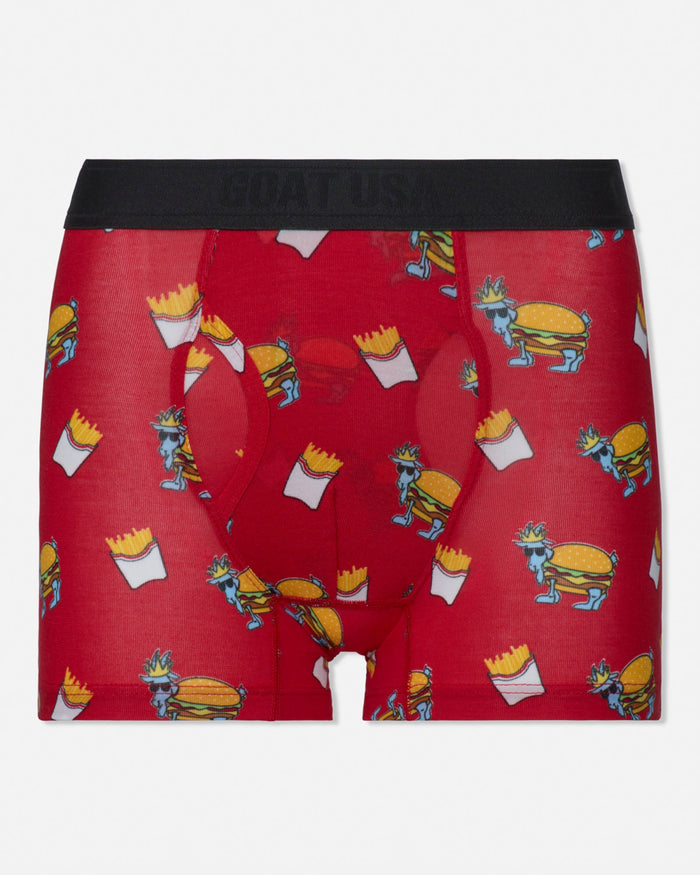 Red boxer briefs with burger and fries pattern on a white background