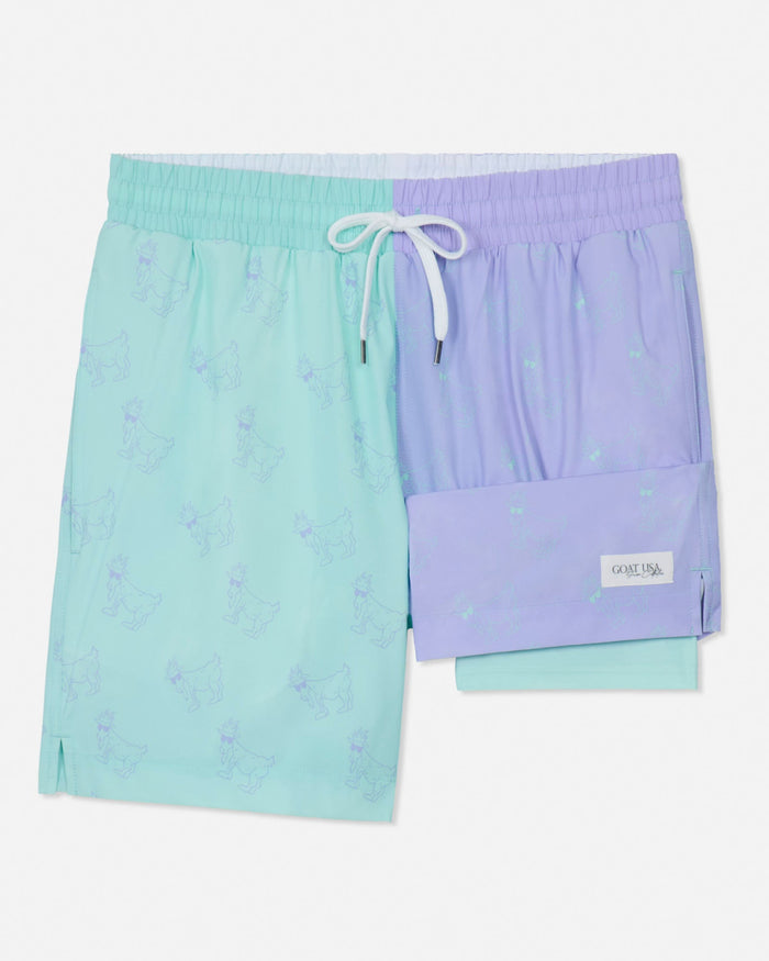 Two-tone mint and periwinkle bathing suit on a white background.