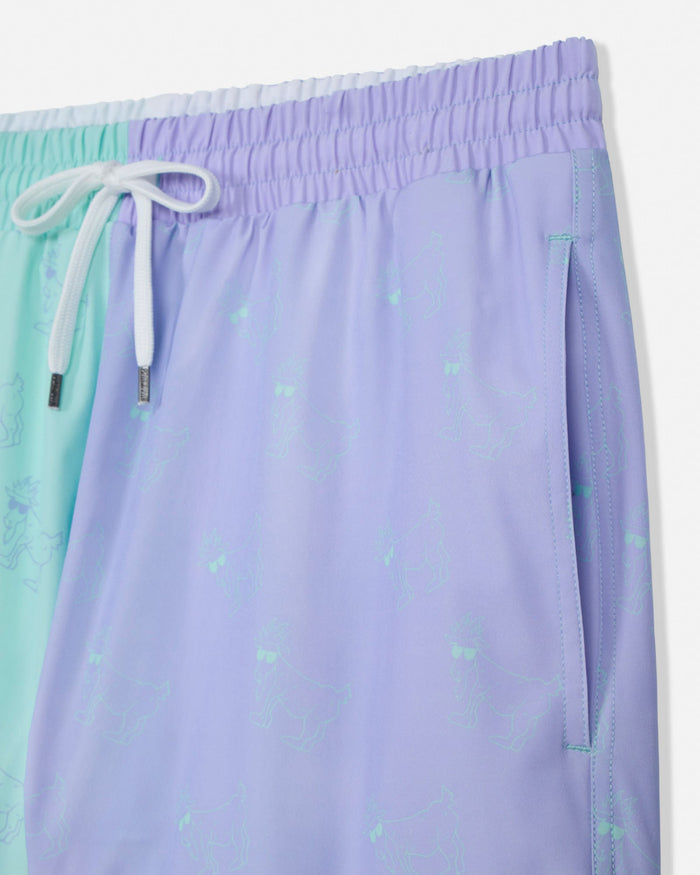 Two-tone mint and periwinkle bathing suit on a white background