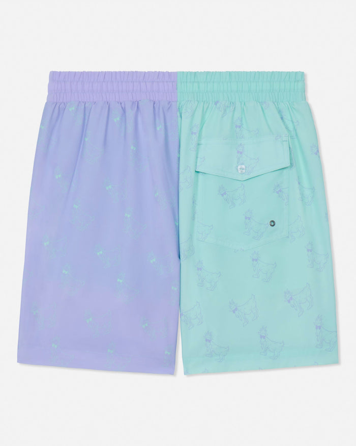 Two-tone mint and periwinkle bathing suit on a white background