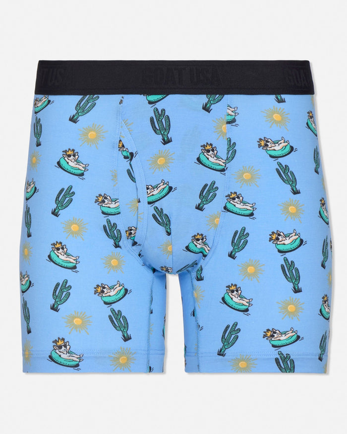 Blue boxer briefs with cactus and beach ball pattern on a white background