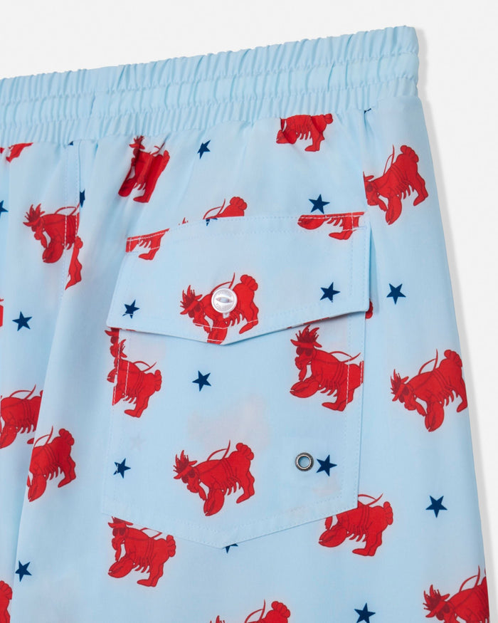 Light blue bathing suit with red lobster goat and blue star pattern on a white background