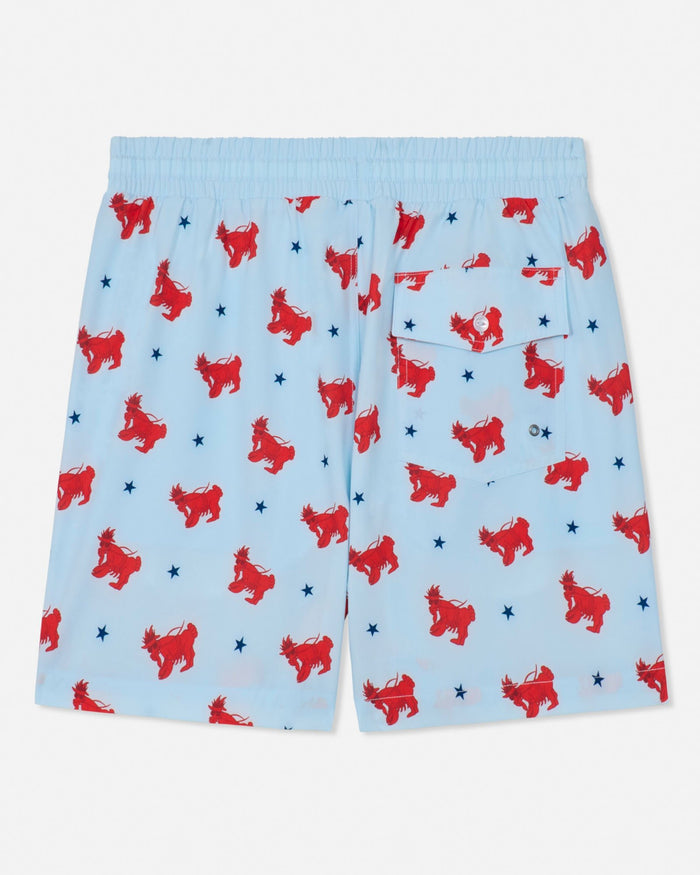 Light blue bathing suit with red lobster  goat pattern on a white background