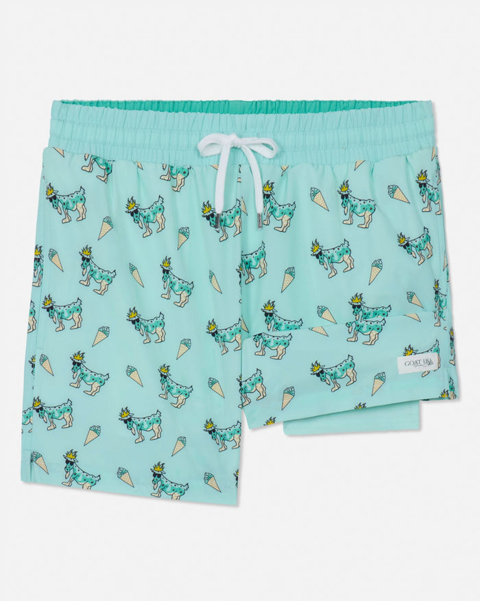 Mint shorts with goat and ice cream pattern on a white background