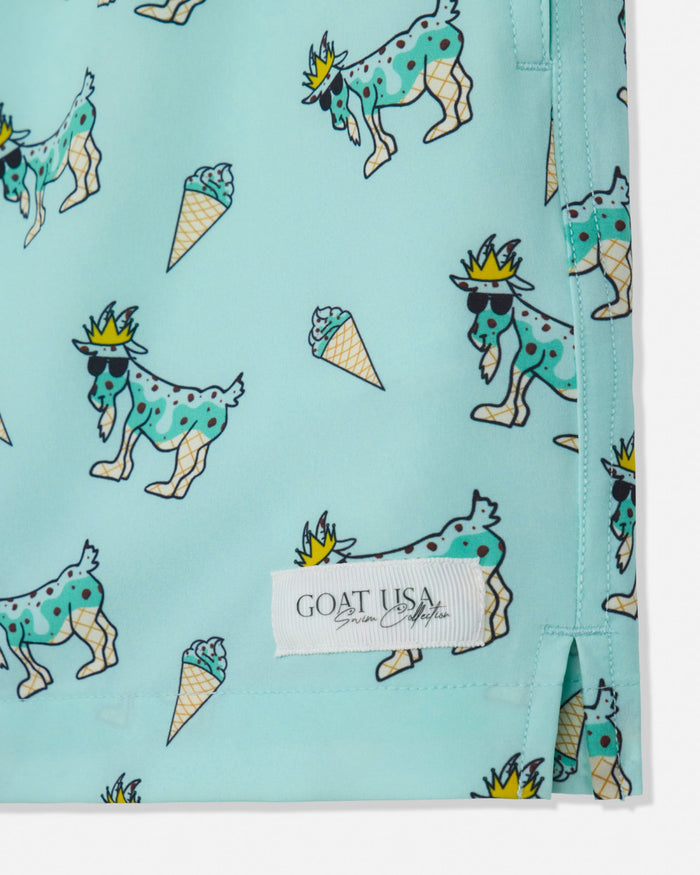 Shirt with goat and ice cream cone pattern on a light blue background, featuring the brand 'Goat USA'.