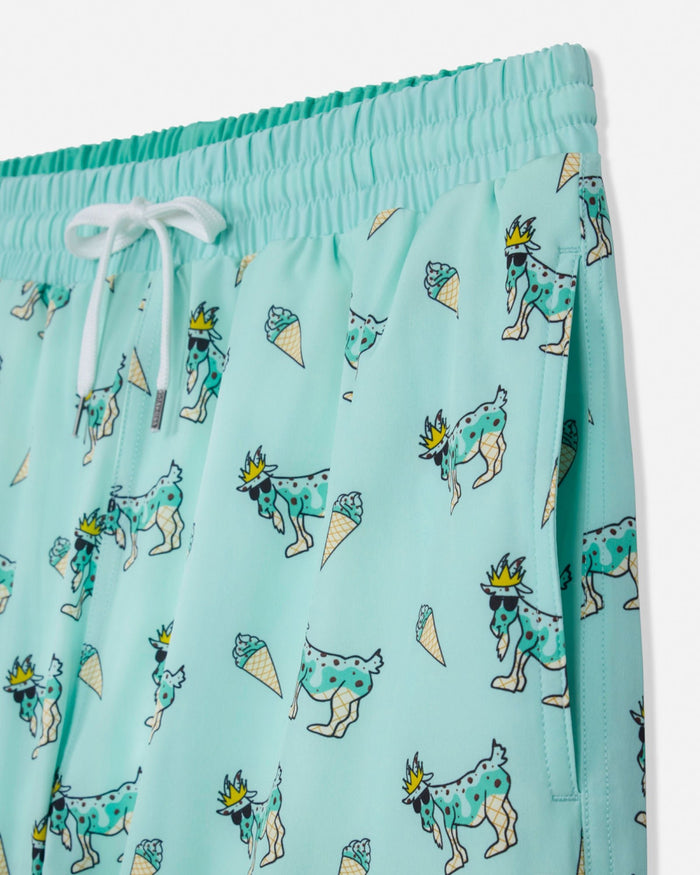 Mint shorts with a dog and ice cream pattern on a white background