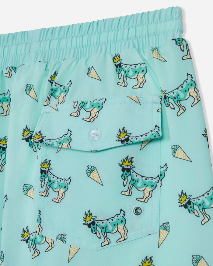 Mint shorts with goat and ice cream pattern on a white background
