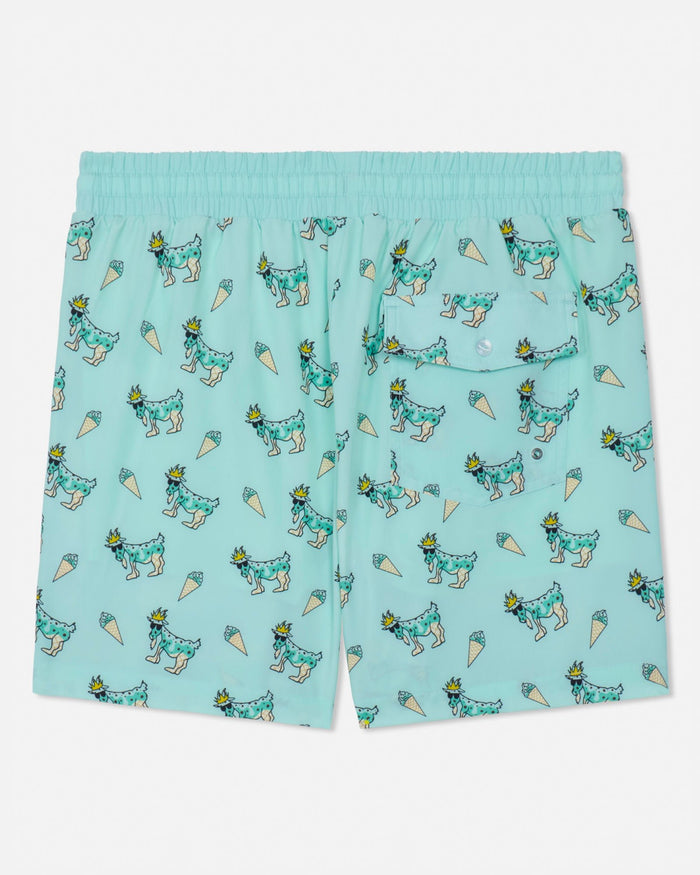 Mint swim shorts with goat and ice cream pattern on a white background