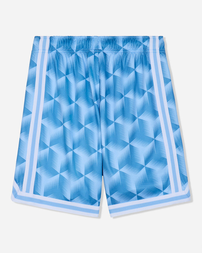 Light blue athletic shorts featuring a geometric 3D cube pattern and white side stripes, shown flat against a light gray background.#color_carolina-blue