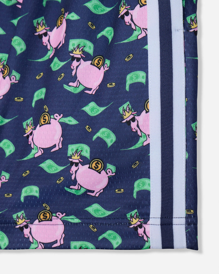 Close-up of seam of navy mesh shorts with money and piggy bank design