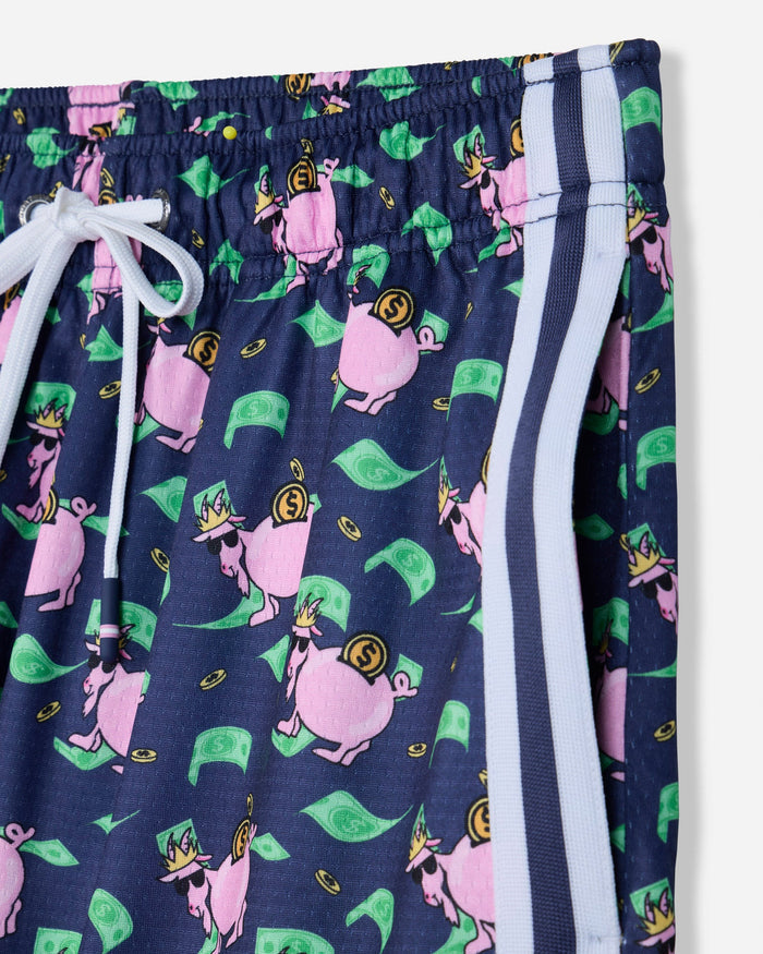 Close-up of pocket of navy mesh shorts with money and piggy bank design