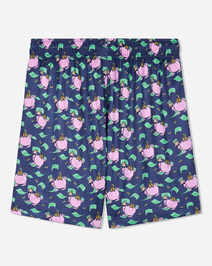 Back of navy mesh shorts with money and piggy bank design