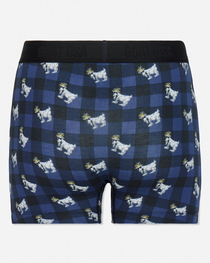 Blue boxer briefs with white goat pattern on a white background