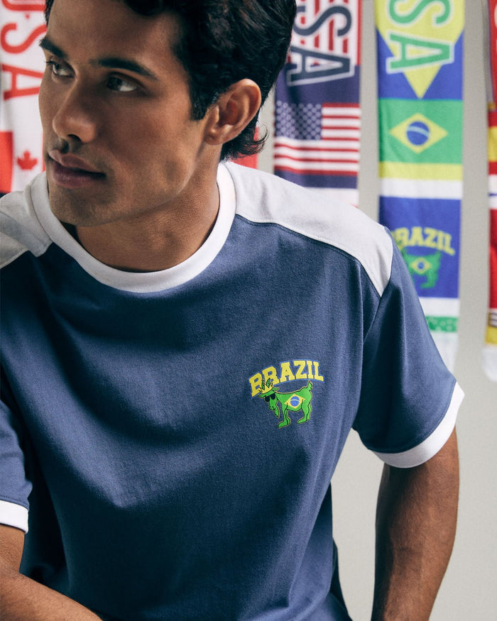 Man wearing a blue t-shirt with 'Brazil' print in front of flags