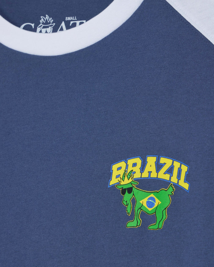 Navy blue t-shirt with 'Brazil' and green goat graphic on a white label