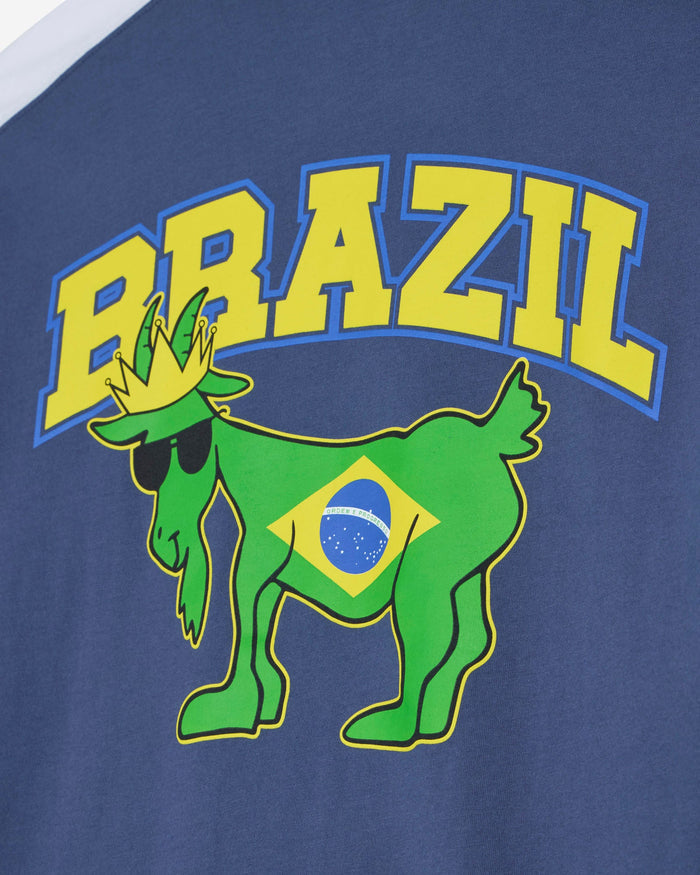 Blue shirt with a green goat logo and 'BRAZIL' text on a blue background