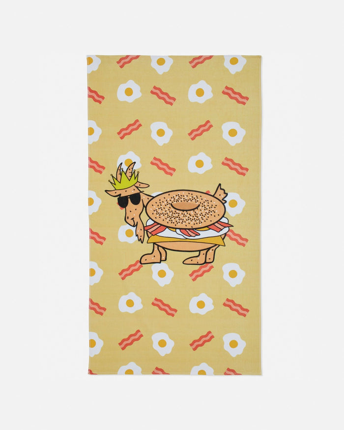 Beach towel with bacon, egg and cheese pattern plus bacon egg and cheese goat