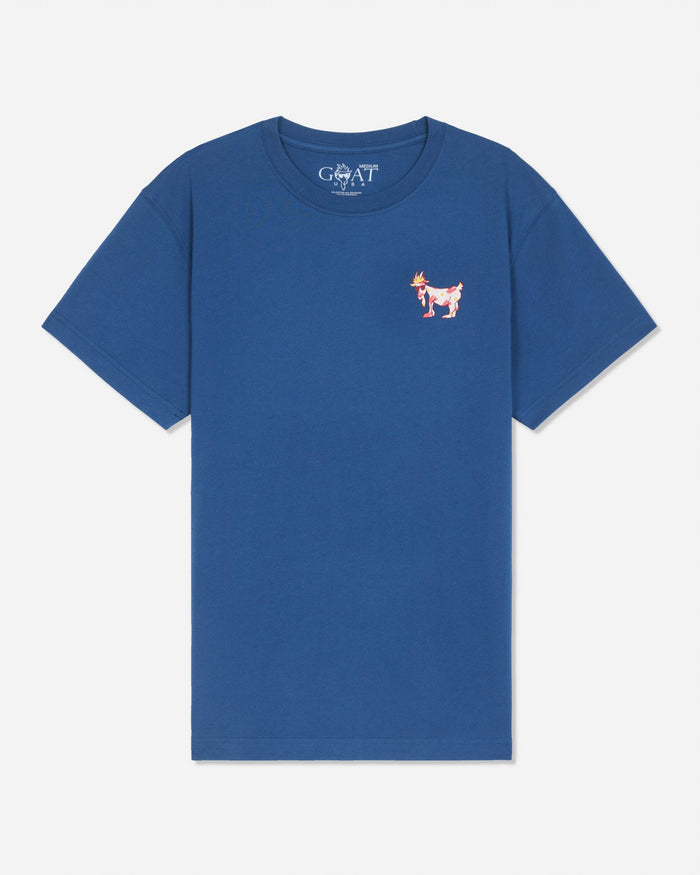 Front of blue t-shirt with bacon and eggs left-chest graphic