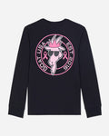 Black long sleeve with pink graphic design on a light gray background