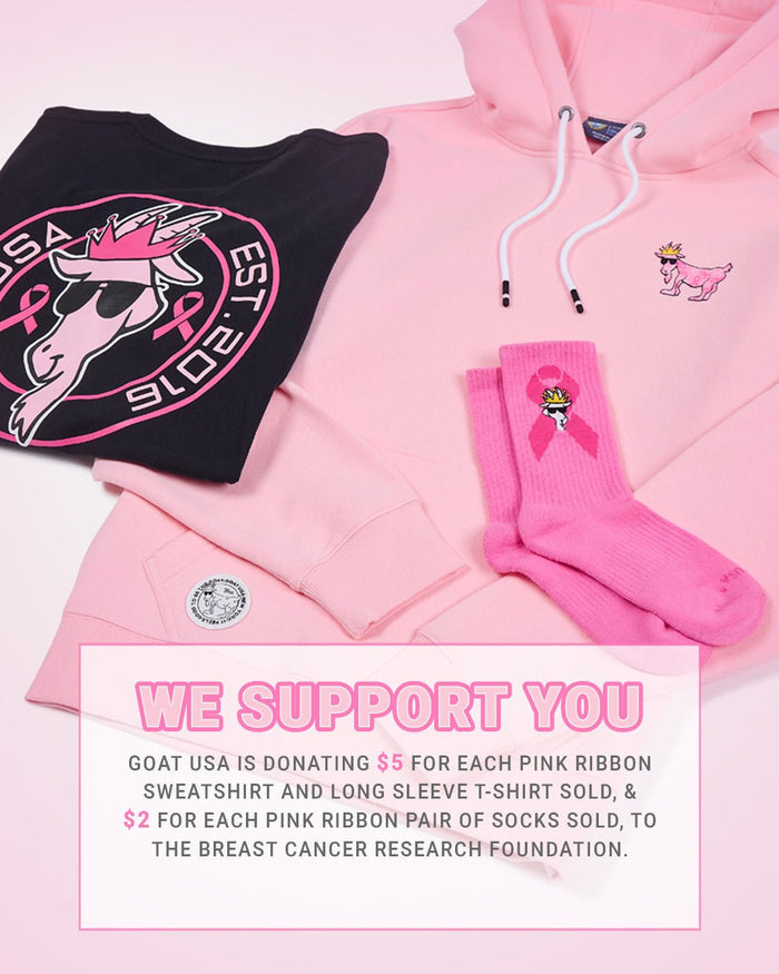 Three Breast Cancer Awareness theme products laid out with information about donations to a charity that will be made per product sold