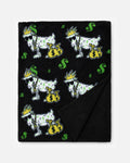 A black plush throw blanket featuring a repeating pattern of white goats wearing gold crowns and sunglasses, carrying yellow money bags, with green dollar sign accents.