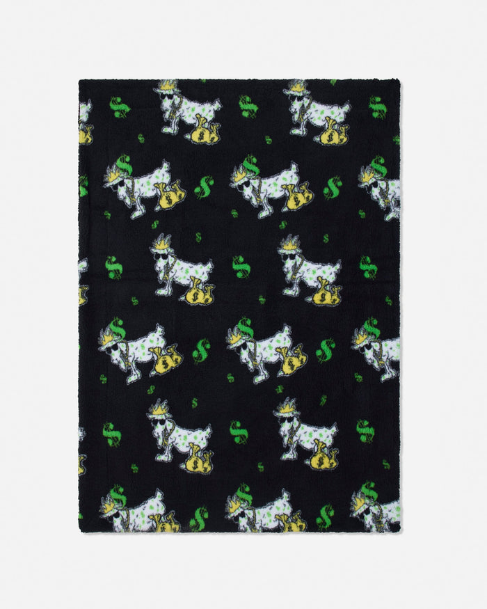 A rectangular black fleece blanket featuring a repeating pattern of white Scottish terriers wearing gold collars and green hats, with green dollar signs.