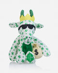 Goat plushie with dollar sign pattern holding a money bag