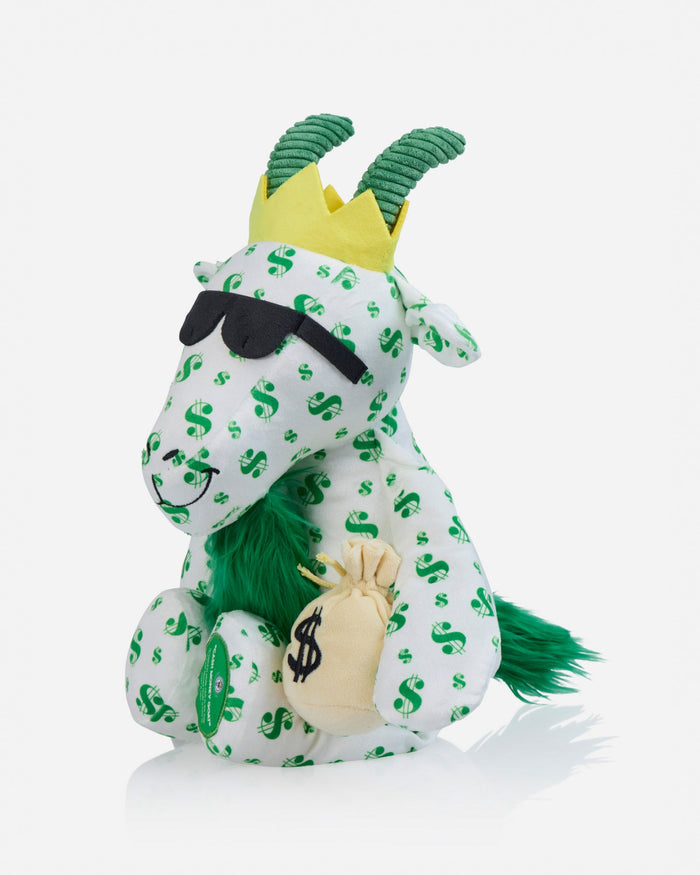 Angled view of goat plushie with dollar sign pattern holding a money bag