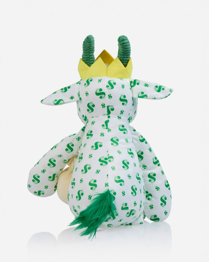 A plush goat toy shown from the back, featuring a white body covered in green dollar-sign and dollar patterns, green horns, a yellow crown, and a green tail, set against a light gray background.