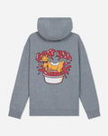 A heather gray pullover hoodie shown from the back, featuring a graphic print of a yellow cartoon goat in sunglasses splashing in red sauce inside a white bowl.