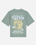 Back of steeped sage t-shirt with bucket of beers graphic and various lines of text
