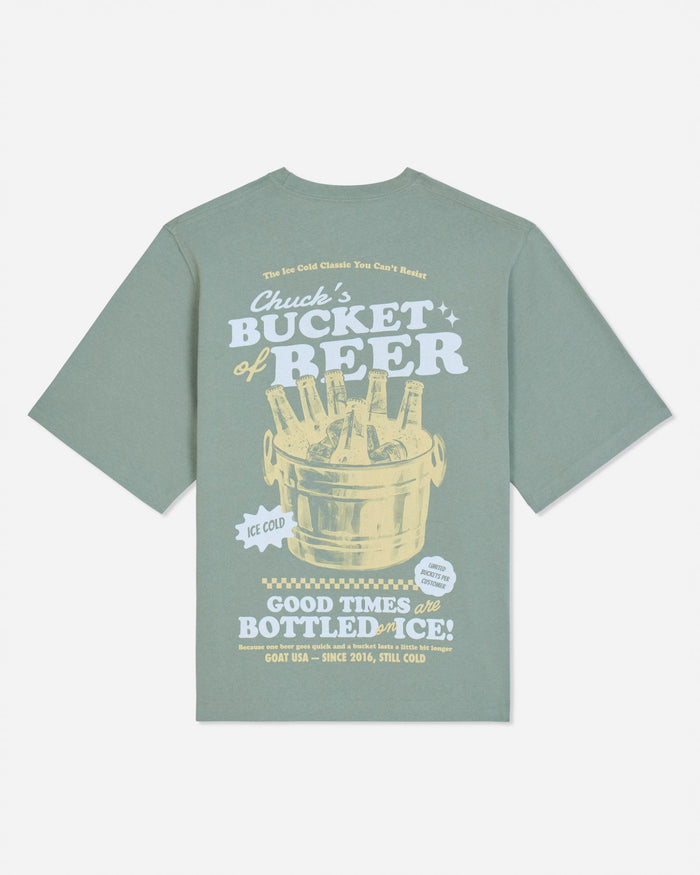 Back of steeped sage t-shirt with bucket of beers graphic and various lines of text