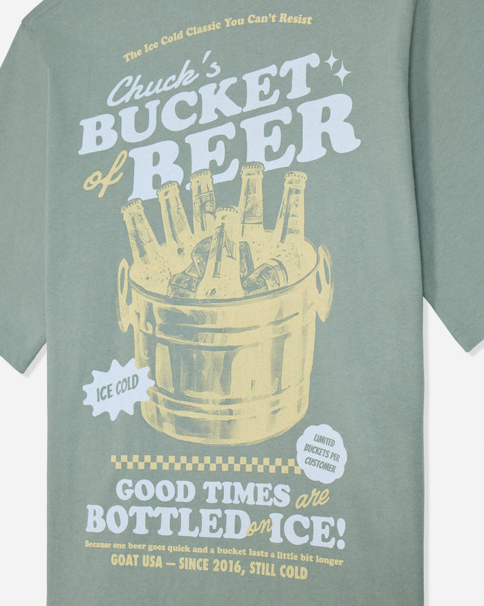 Close-up of steeped sage t-shirt with bucket of beers graphic and various lines of text