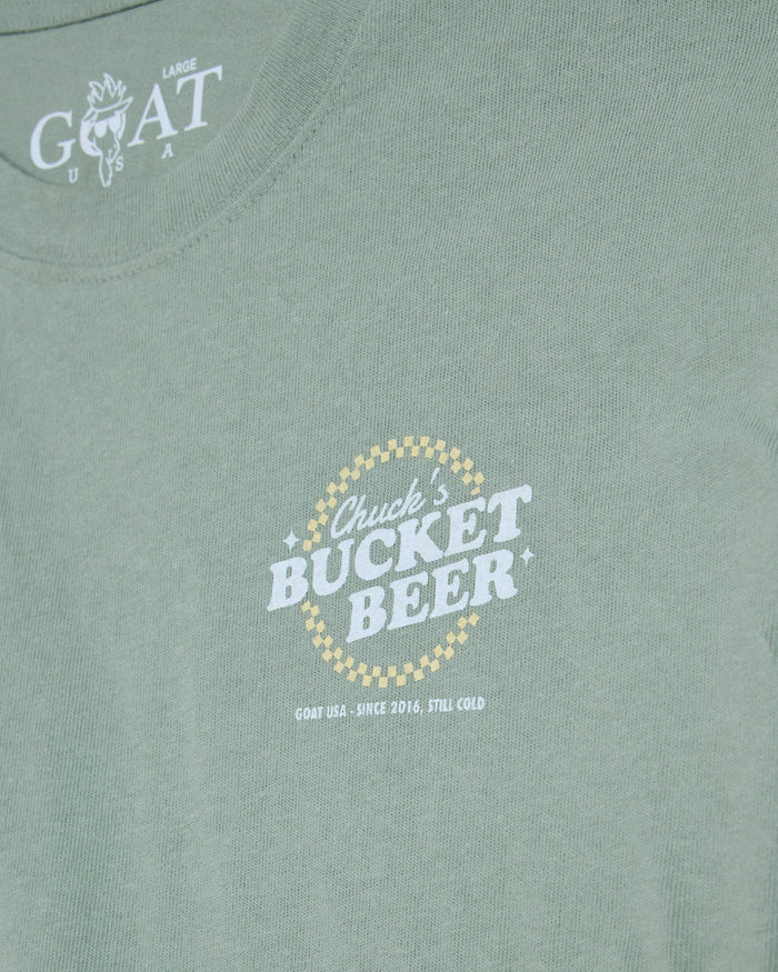 'Chuck's Bucket Beer' left-chest graphic on steeped sage t-shirt