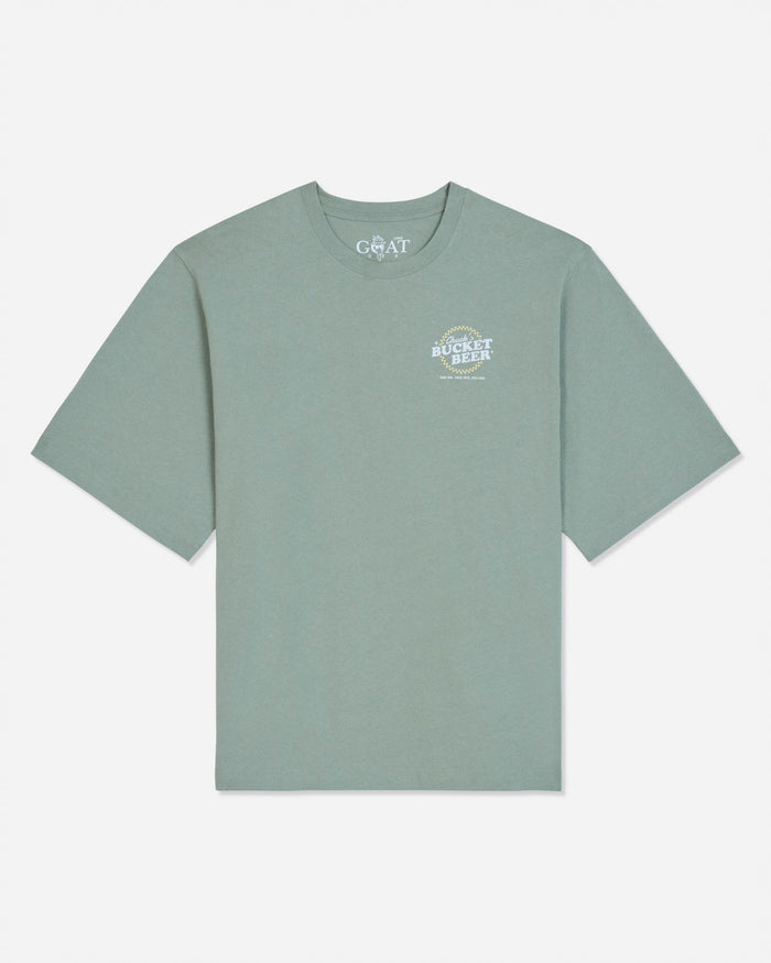 Front of steeped sage t-shirt with 'Chuck's Bucket Beer' left-chest graphic