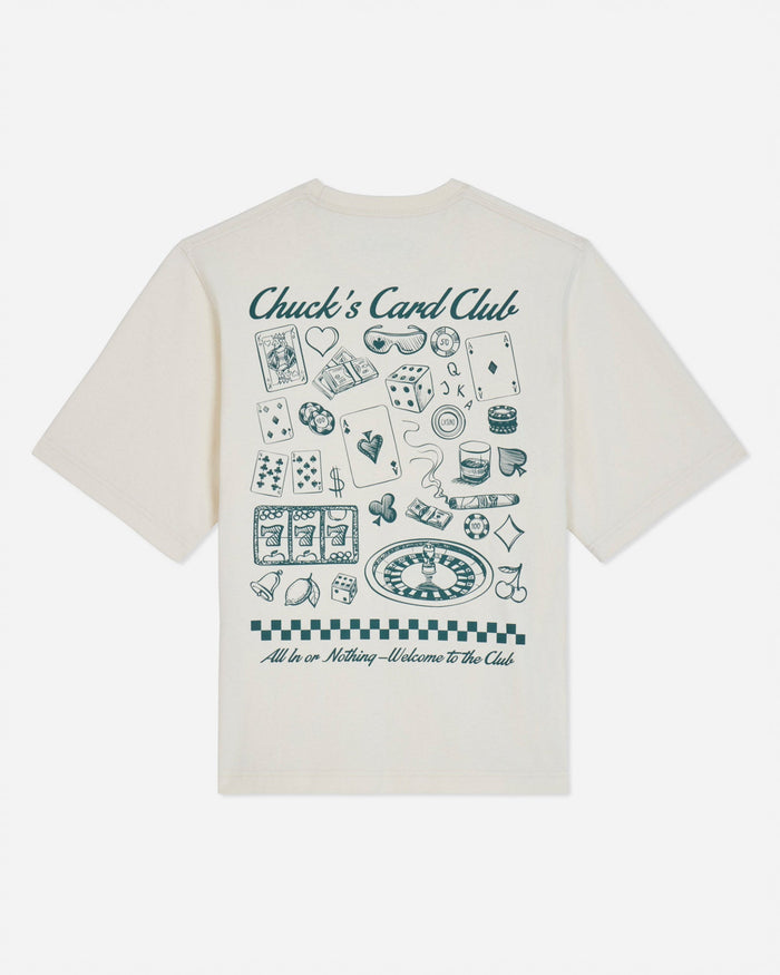 Back of bone t-shirt with casino games design and text that reads "Chuck's Card Club All In or Nothing - Welcome to the Club"