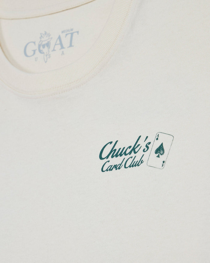 'Chuck's Card Club' left-chest logo on bone t-shirt