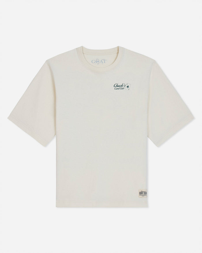 Front of bone t-shirt with 'Chuck's Card Club' left-chest logo